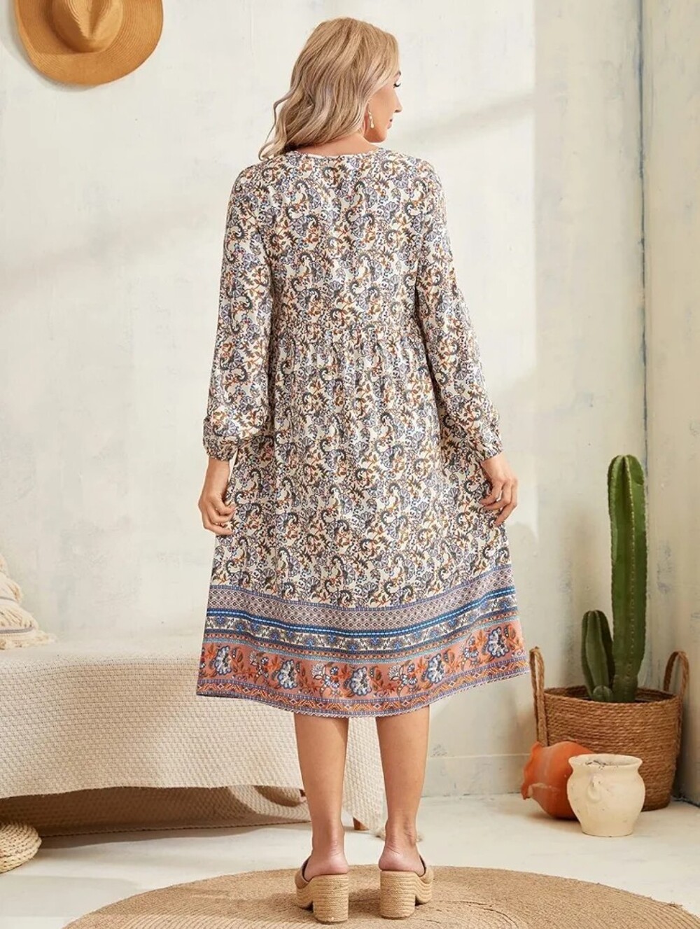 Boho Long-Sleeve Midi Dress in Rust and Cream Floral - Picture 4 of 8